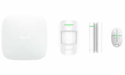 Il kit comprende il pannello di controllo Ajax Hub AJ-HUB-W, un contatto magnetico AJ-DOORPROTECT-W, un rilevatore di movimento AJ-MOTIONPROTECT-W e un telecomando AJ-SPACECONTROL-W.