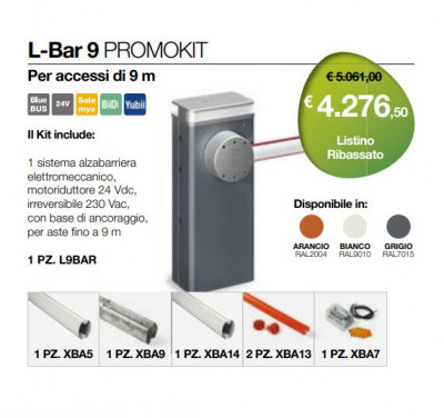 Il Kit include: 1 PZ. L9BAR, 1 PZ. XBA5, 1 PZ. XBA14, 1 PZ. XBA9, 2 PZ. XBA13, 1 PZ. XBA7