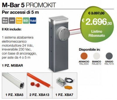 Il Kit include: 1 PZ. M5BAR, 1 PZ. XBA5, 2 PZ. XBA13, 1 PZ. XBA7