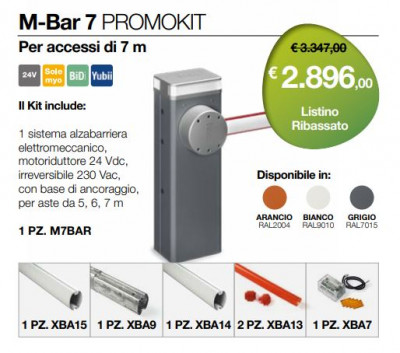 Il Kit include: 1 PZ. M7BAR, 1 PZ. XBA15, 1 PZ. XBA9, 1 PZ. XBA14, 2 PZ. XBA13, 1 PZ. XBA7