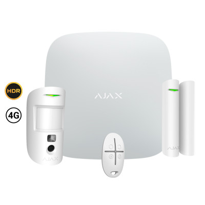 Il kit include il pannello di controllo AJ-HUB2-4G-W, un rilevatore con fotoverifica AJ-MOTIONCAM-HDR-W, un contatto magnetico AJ-DOORPROTECT-W e un telecomando AJ-SPACECONTROL-W.