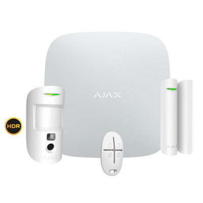 Il kit include il pannello di controllo AJ-HUB2-W, un rilevatore con fotoverifica AJ-MOTIONCAM-HDR-W, un contatto magnetico AJ-DOORPROTECT-W e un telecomando AJ-SPACECONTROL-W.