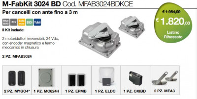 Kit bidirezionale doppia anta per cancelli con ante fino a 3 m, 24 Vdc, interrato