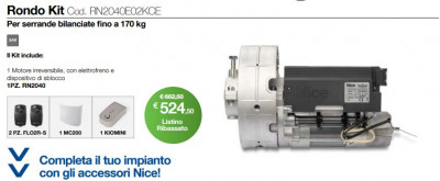 KIT Motore per serrande bilanciate fino a 170 Kg, irreversibile, con elettrofreno e dispositivo di sblocco. 1 MC200 - 1 KYOMINI - 2 FLO2RS