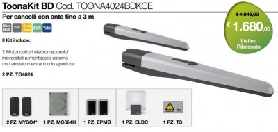 Kit per l'automazione di cancelli a battente con ante fino a 5 m, a 24 Vdc, montaggio esterno