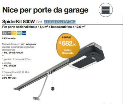 Kit per l’automazione di porte sezionali e basculanti, 800N, WiFi integrato, centrale incorporata e ricevente BiDirezionale. Contiene: SPIDER800W, 2 pz. MYGO4, 1 pz. SR32B