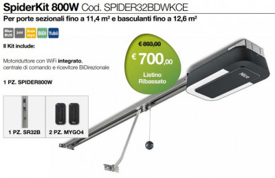 Kit per l’automazione di porte sezionali e basculanti, 800N, WiFi integrato, centrale incorporata e ricevente BiDirezionale. Contiene: SPIDER800W, 2 pz. MYGO4, 1 pz. SR32B