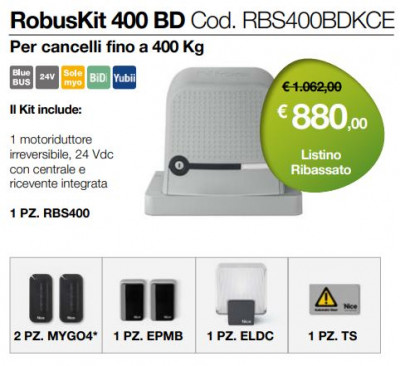 Kit per l’automazione di un cancello scorrevole fino a 400 kg. Il kit contiene RBS400, MYGO4 2 pz., EPMB 1 pz., ELDC 1 pz., TS 1 pz.