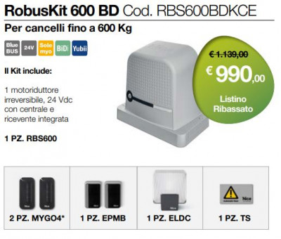 Kit per l’automazione di un cancello scorrevole fino a 600 kg. Il kit contiene RBS600, MYGO4 2 pz., EPMB 1 pz., ELDC 1 pz., TS 1 pz