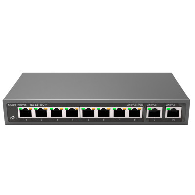 Reyee Switch PoE da Tavolo Alloggiamento in Metallo 8 porte RJ45 10/100 Mbps + 2 Uplink Gigabit 8 Porte PoE+ 802.3af/at | Potenza totale 110W