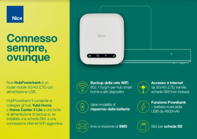 Router mobile 3G/4G (LTE) con alimentazione USB, che consente di collegare gli Hub Yubii Home o Home Center 3 Lite ad una fonte di alimentazione di backup.