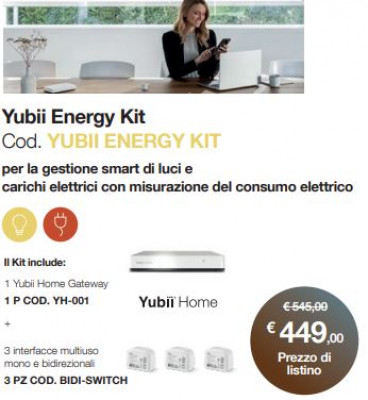 Yubii ENERGY KIT - Il Kit include: 1 Yubii Home Gateway, 3 interfacce multiuso mono e bidirezionali